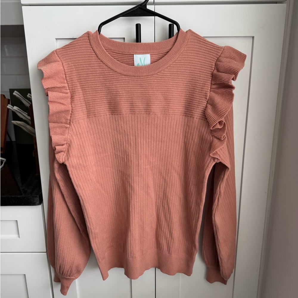 The Mint Coral Ruffle Sweater